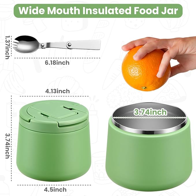 14oz Insulated Vacuum Food Jar with Buckle Lid,Soup Thermo for Hot Food Kids,Wide Mouth Leakproof Stainless Steel Lunch Container with Spoon-Green-BubblyBeeBaby