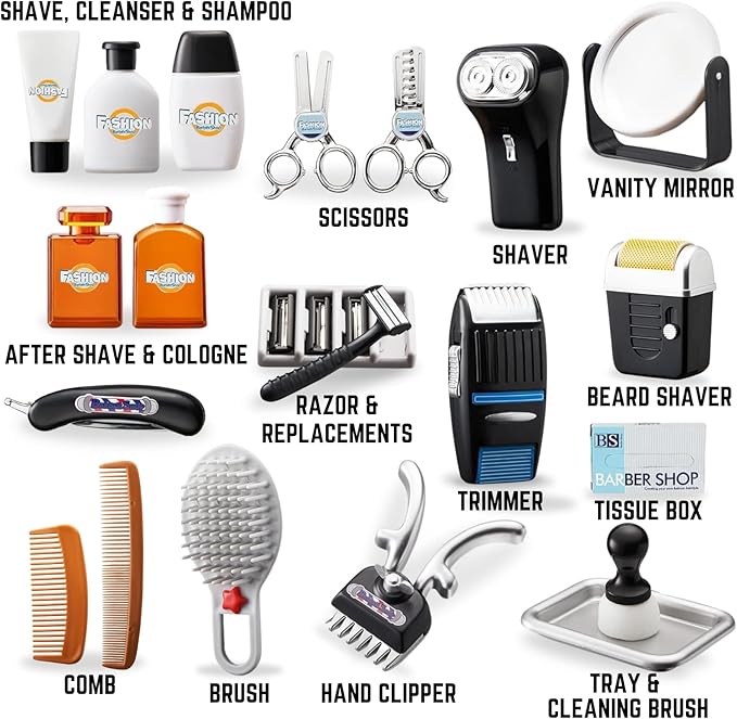 24 Pcs Barber Shop Pretend Play Toy - My First Shaving and Grooming Haircut Kit Toddler Role Play Set with Styling Accessories & Storage Box for Kids, Boys-BubblyBeeBaby
