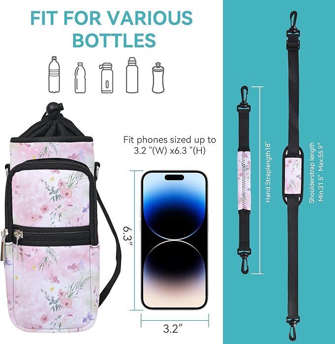 25/32/40/64oz Water Bottle Bag Holder Carrier-Insulated Crossbody Sling Case Sleeve with Strap & Pockets for Men Women Gym Cycling Travel Walking Hiking Camping-BubblyBeeBaby