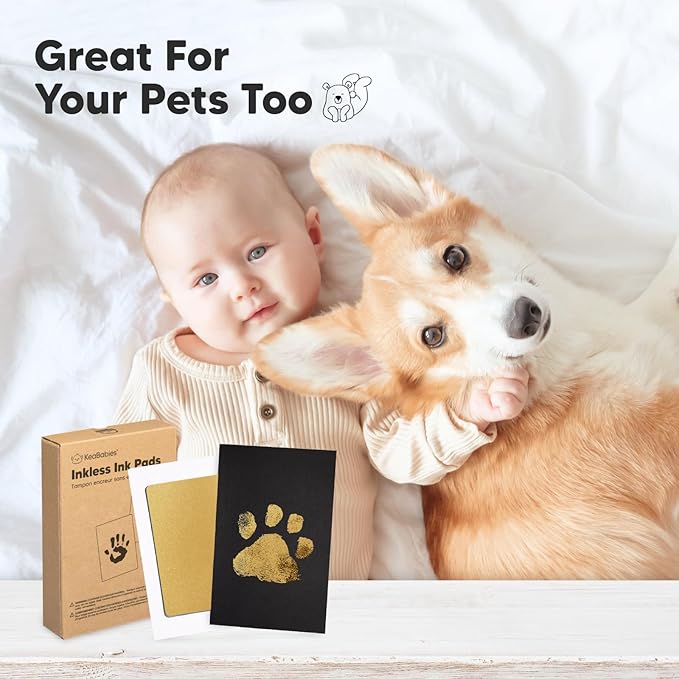 2-Pack Inkless Baby Hand and Footprint Kit - Mess Free Ink Pad for Newborn Keepsake, Dog Nose & Paw Print Kit, Clean Touch Ink Pad for Baby Hand & Footprints, Ideal New Mom Gifts (Gold)-BubblyBeeBaby