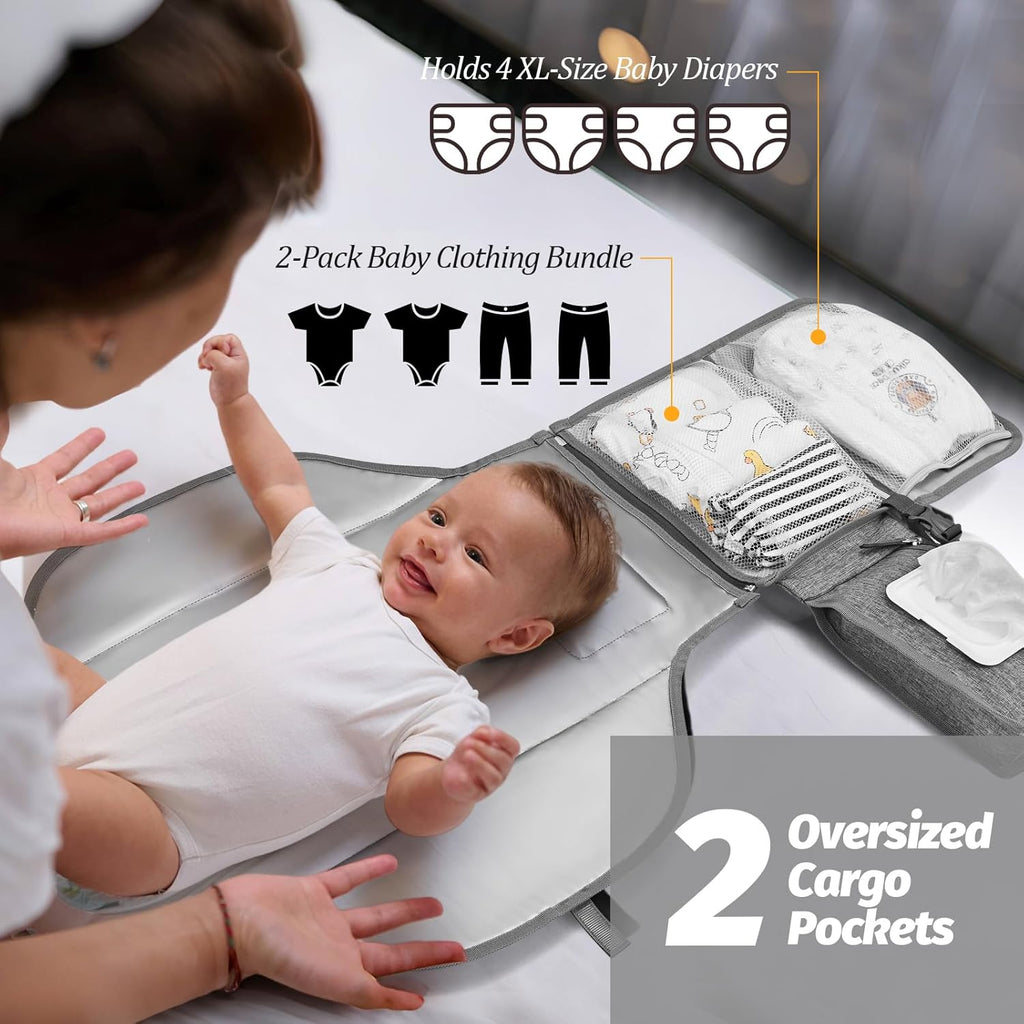 PZU Portable Diaper Changing Pad - Changing Pad Portable with Wipes Pocket, Waterproof Diaper Changing Mat, Portable Changing Pad for Baby, Newborn Gift（Grey）
