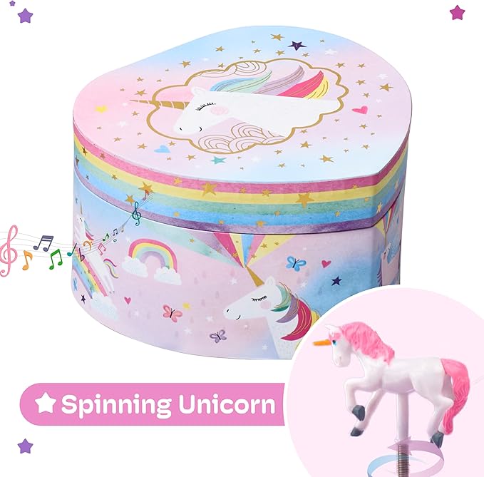 Jewelkeeper Music Jewelry Box for Girls - Sturdy Plastic with Fancy Mirror Twirling Unicorn Figurine and Flocked Lining - Kids Jewelry Box for Secrets and Keepsakes - Heart Shaped Unicorn Print-BubblyBeeBaby