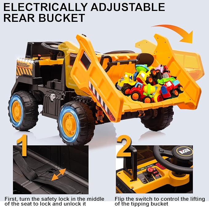 24V Ride On Dump Truck, 24inch-2 Seater Ride On Car for Kids w/Remote Control 4WD/2WD Up to 5 Mph, 24v Ride on Toys for Big Kids w/Electric Dump Bed Extra Shovel Traffic Cones (Yellow)-BubblyBeeBaby