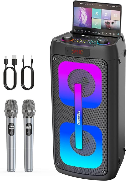 Karaoke Machine for Adults, Portable Bluetooth Speaker with 2 Wireless Microphones, Portable PA System with Disco Lights for Big Party, Outdoor, Ideal Gifts for Family, Music Lover-BubblyBeeBaby