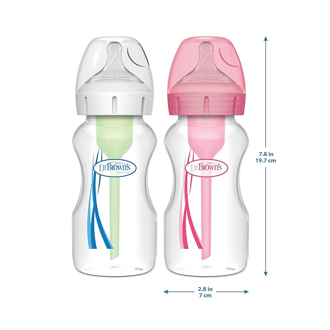 Dr. Brown's Natural Flow Anti-Colic Options+Wide-Neck Baby Bottle,9 oz/270 mL,Level 1 Nipple,1-Pack,0m+-BubblyBeeBaby