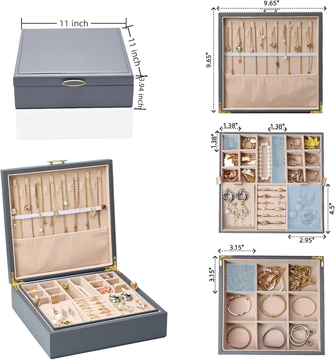 2-layer jewelry box，Jewelry Organizer with Handle，with hanging necklace hooks, detachable jewelry trays, suitable for storing a large amount of jewelry gift box (Large-Grey)-BubblyBeeBaby