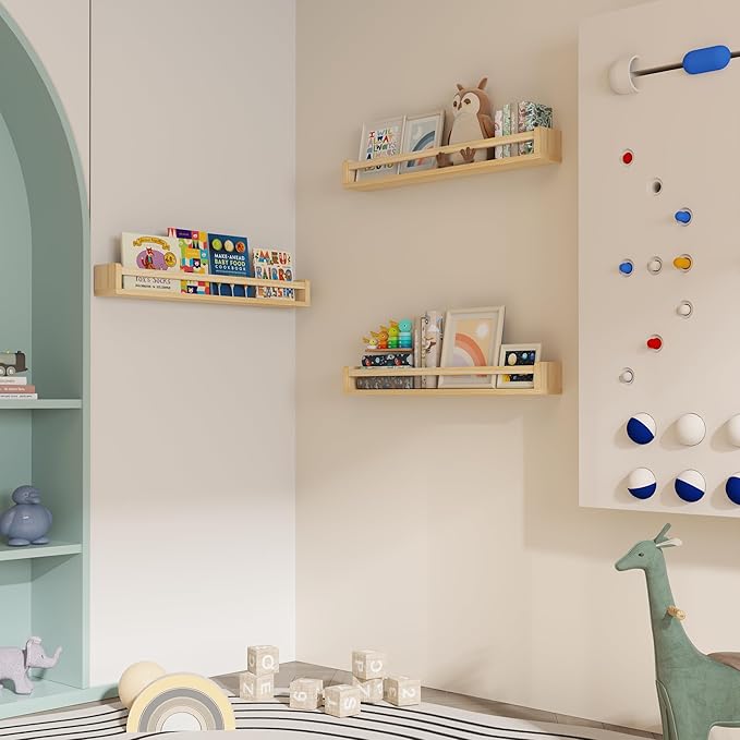 Heimlove 32 Inch Nursery Floating Shelves, Wood Nursery Book Shelves for Wall, Wall Bookshelf for Kids Solid Wood Wall Mounted Shelves for Books,Toys and Decor Storage, Set of 2-BubblyBeeBaby