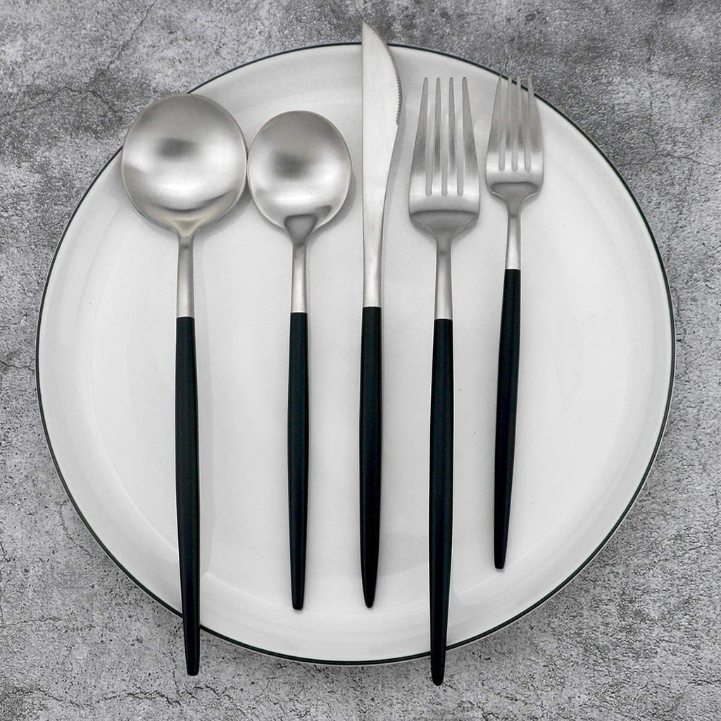 Gugrida Black Handle Matte Silver Silverware Set - 5-Piece 18/10 Stainless Steel Satin Finish Flatware, Kitchen Utensils, Tableware Travel Cutlery for Camping Office Lunch - Dishwasher Safe