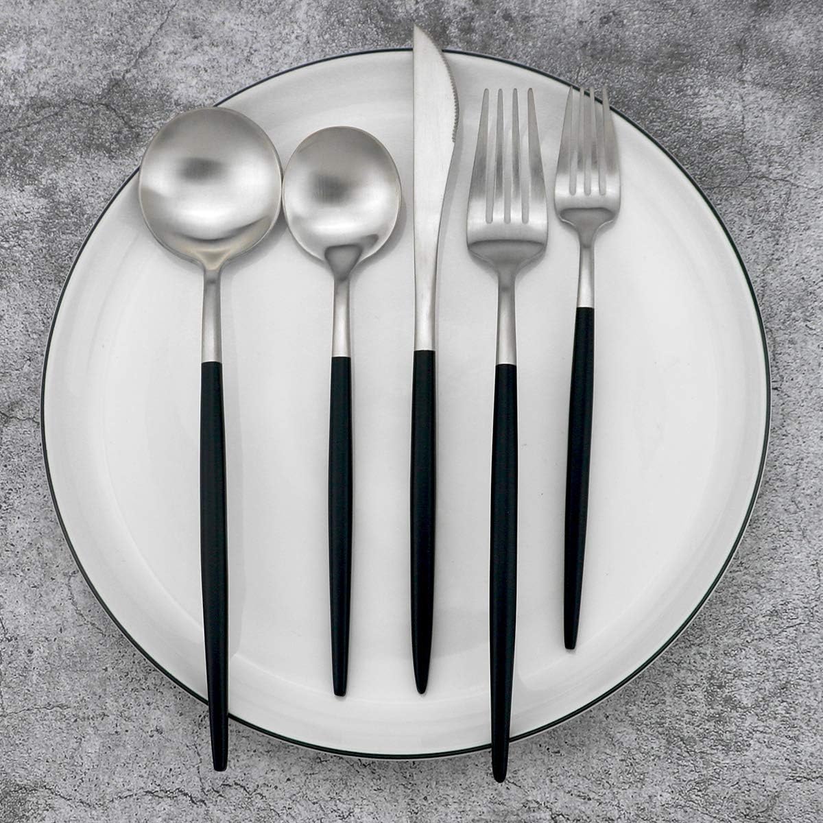 Gugrida Black Handle Matte Silver Silverware Set - 5-Piece 18/10 Stainless Steel Satin Finish Flatware, Kitchen Utensils, Tableware Travel Cutlery for Camping Office Lunch - Dishwasher Safe