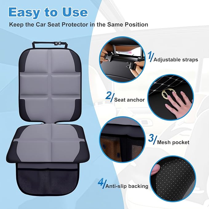 Car Seat Protector 2 Pack Baby Car Seat Covers with Mesh Pockets & Non-Slip Backing 600D Durable Seat Protector Under Baby Car Seat (Gray, Standard)-BubblyBeeBaby
