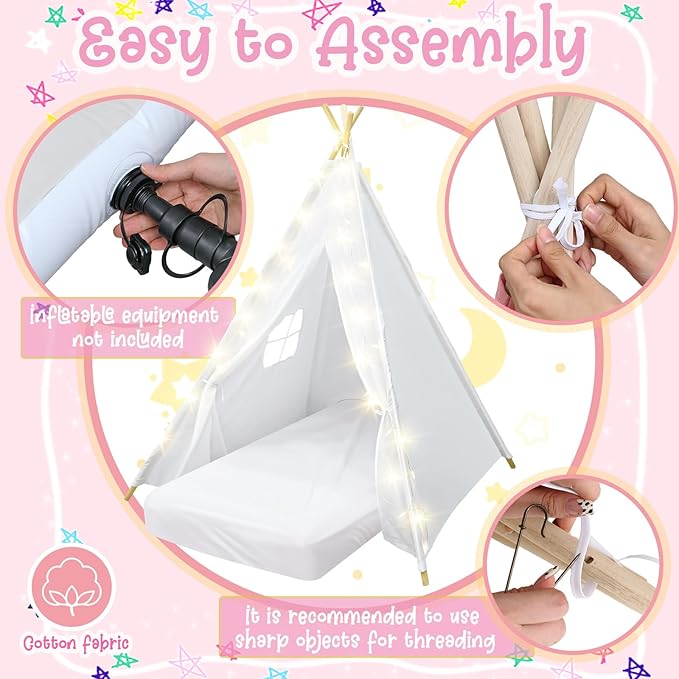 2 Pack Kids Teepee Tent with Mattress,Fitted Sheet,Light String,Washable Natural Cotton Toddler Play Tent for Girls Boys Indoor Outdoor Sleepover Slumber Birthday Party(White)-BubblyBeeBaby