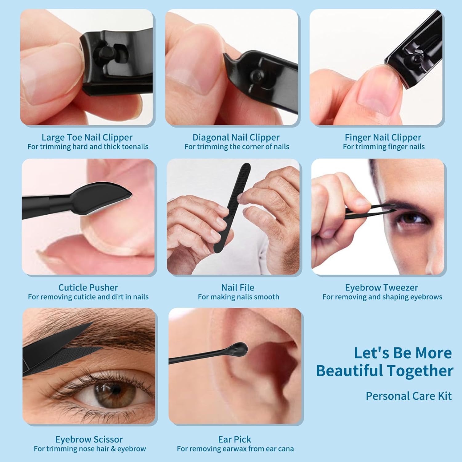 Precision 8 Pieces Men’s Nail Grooming Travel Kit, Stainless Steel Manicure Set with Fingernail & Toenail Clippers, Nail File, Slant Tip Tweezers, Cuticle Scissors, Cuticle Pusher, Travel Case