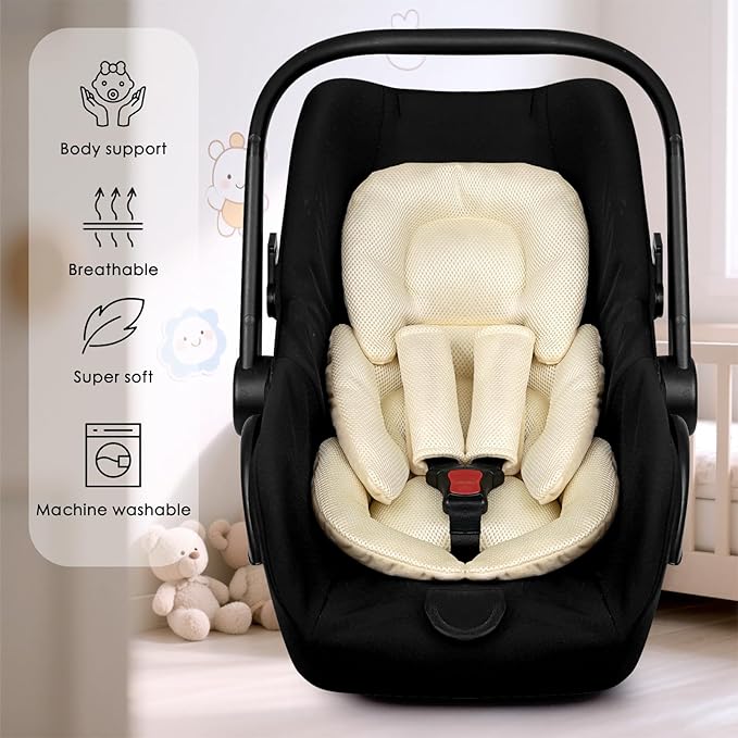 Infant Car Seat Insert for Newborn Girls Boys, Summer Mesh Baby Carseat Head Support with Strap Pads, Soft Reversible Baby Car Seat Insert Cushion Pad for Car Seat, Stroller, Bouncer, Swing, Beige-BubblyBeeBaby