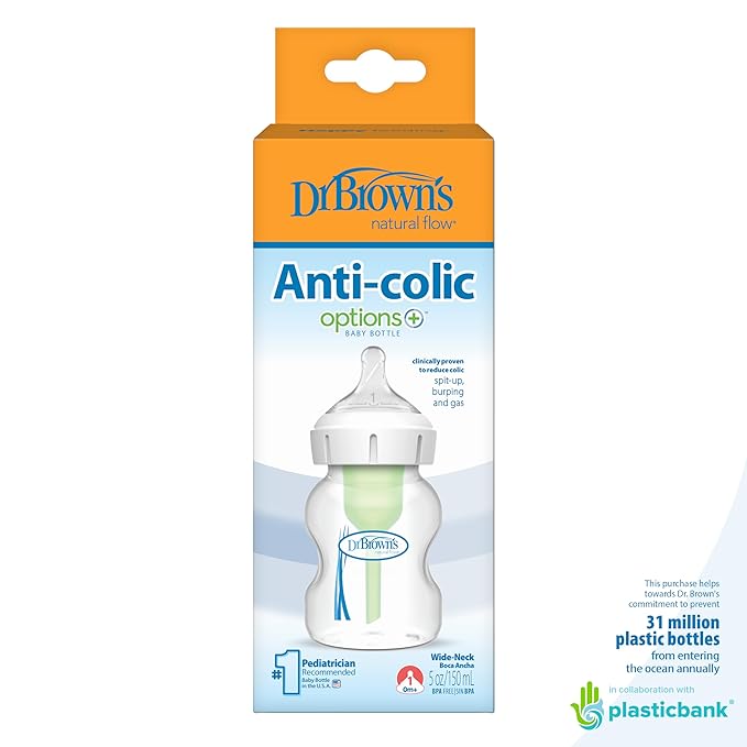 Dr. Brown's Natural Flow Anti-Colic Options+Wide-Neck Baby Bottle, 5 oz/150 mL, Level 1 Nipple, 1-Pack, 0m+-BubblyBeeBaby