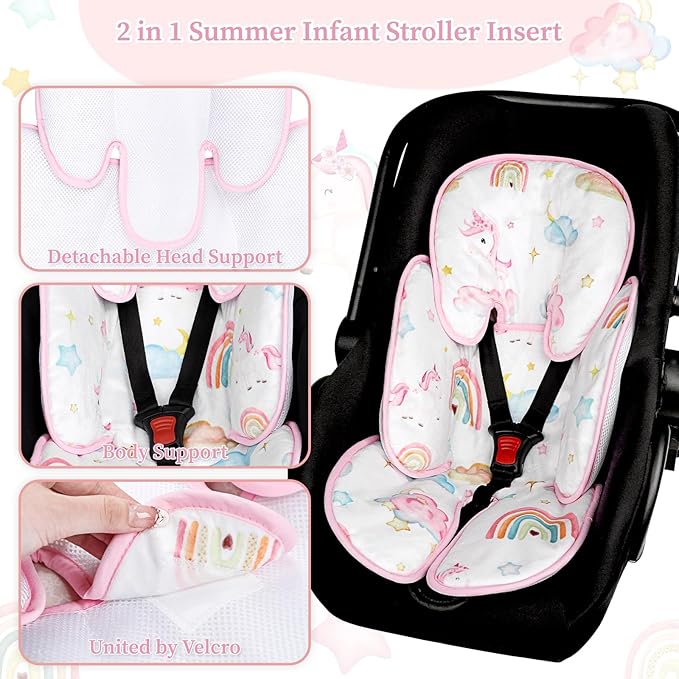 Summer Infant Car Seat Insert, 2 in 1 Baby Car Seat Head Body Support for Newborn Upgrade Mesh Baby Car Seat Insert Stroller Cushion for Boys Girls, Extra Soft and Breathable, Unicorn-BubblyBeeBaby