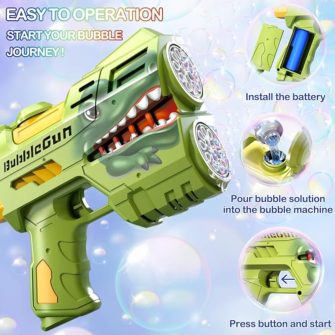 2 Pack Bubble Guns with 4 Bottles Refill Solution, LED Light Up Rechargeable Bubbles Machine Blower for Kids Toddlers 4-8, Outdoor Toys Gifts, Wedding Easter Party-BubblyBeeBaby