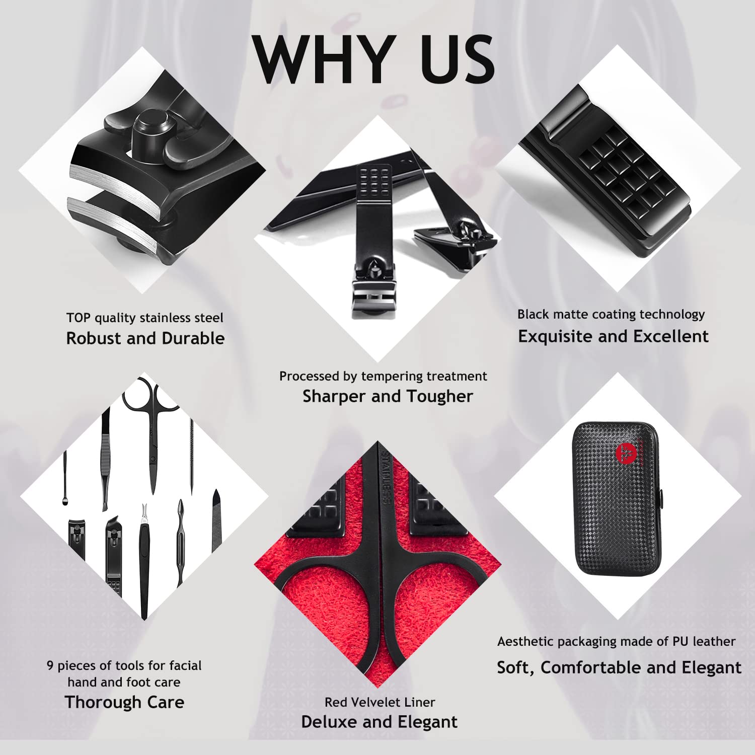 Manicure Set 9 in 1 Stainless Steel, Nail Clippers Scissors Pedicure Tools Kit - Portable Travel Grooming Kit for Men and Women with Black/Red Leather Case (Red)