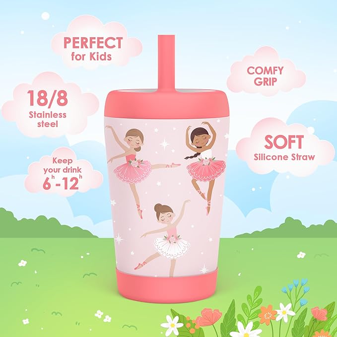 Kid Insulated Stainless Steel Tumbler with Silicone Straw, 12oz Sippy Cup for Kids (Pink Ballerina)-BubblyBeeBaby