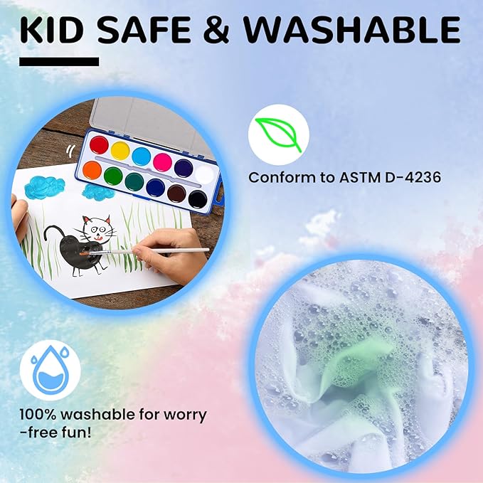 12 Color Watercolor Paint for Kids, 12 Pack Washable Water Color, Classroom Set, Woodbrushes Included-BubblyBeeBaby