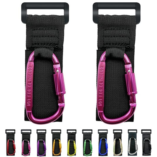 Baby Stroller Hook, Carry 30 lbs per Stroller Carabiner Clip, Adjustable Baby Stroller & Car Seat Hook for Hanging Diaper Bag, Wheelchair,Golf cart, Shopping and Pet Cart(2 Pcs Fuchsia)-BubblyBeeBaby