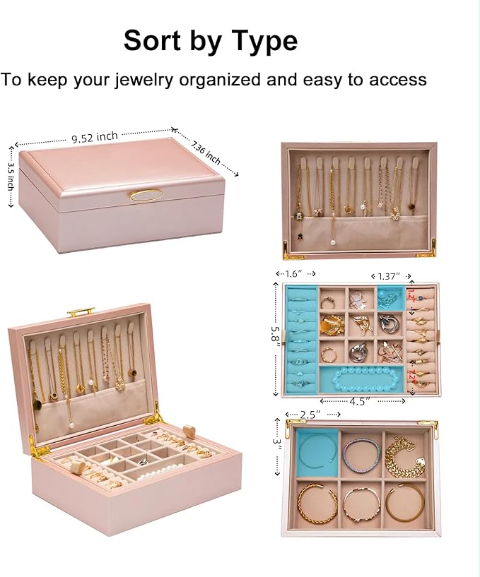 2-layer jewelry box，Jewelry Organizer with Handle，with hanging necklace hooks, detachable jewelry trays, suitable for storing a large amount of jewelry gift box (rose gold)-BubblyBeeBaby