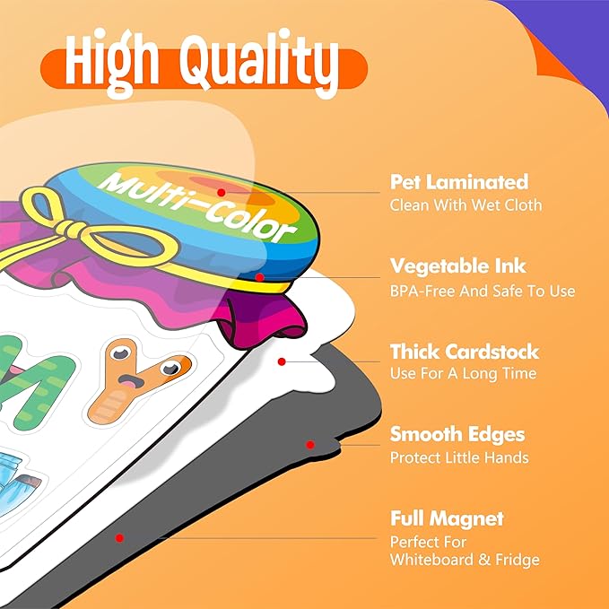 12 Pieces Magnetic Color Sorting Jars, 60 Color & Letter Magnets for Fridge Whiteboard, Early Educational Sorting Toy Set, Alphabet A-Z Learning Tool for Baby Toddlers Kids-BubblyBeeBaby