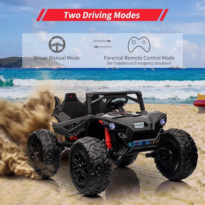 2 Seaters 24V Ride on UTV with Remote Control,10AH Battery, 400W Powerful Motors with 17" EVA Wheels, 20.5“ Seat Width Electric Ride Toy with Metal Suspension,LED Lights,Music,Horn (Black)-BubblyBeeBaby