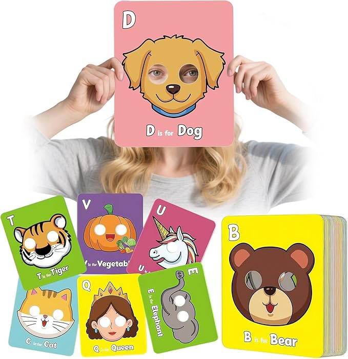 2025 New Alphabet ABC Flash Cards with Animal Masks, 26 Pcs Animal mask Alphabet Cards, Interactive Education Games, Learn Letters, English Phrases-BubblyBeeBaby