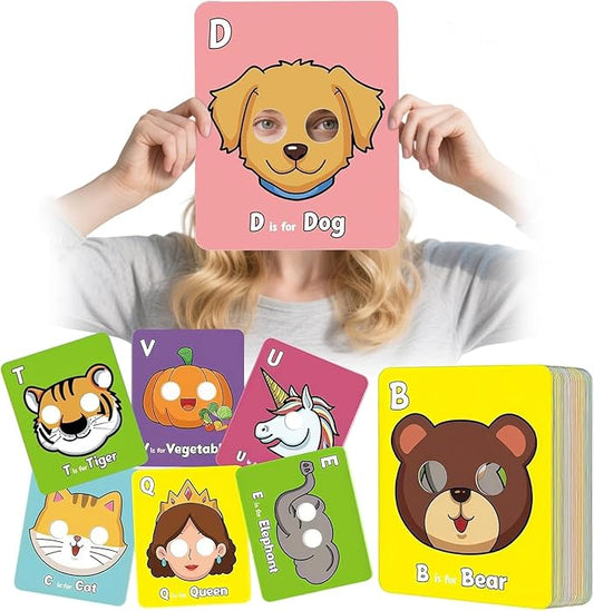 2025 New Alphabet ABC Flash Cards with Animal Masks, 26 Pcs Animal mask Alphabet Cards, Interactive Education Games, Learn Letters, English Phrases-BubblyBeeBaby