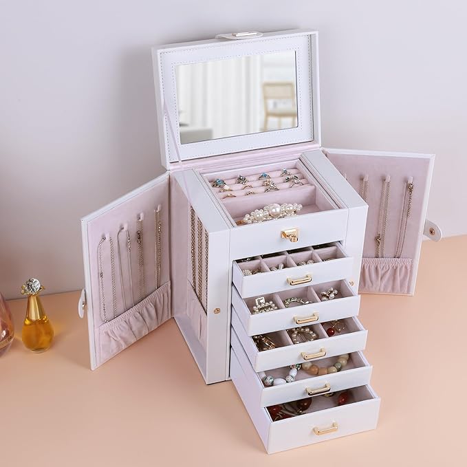 Kendal Jewelry Box, 6-Layer Jewelry Storage Organizer for Necklace Bracelet Rings Watch, 10.2"x8.2"x6" Classic PU Leather 5 Drawers Large Storage Capacity with Mirror-BubblyBeeBaby