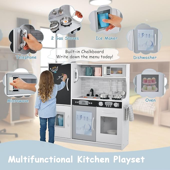 HONEY JOY Kids Kitchen Playset, Wooden Little Chef Pretend Toy Kitchen Set w/Chalkboard, Telephone, Utensils, Oven, Microwave, Sink, Storage, Play Kitchen for Toddlers, Gift for Boys Girls, White-BubblyBeeBaby