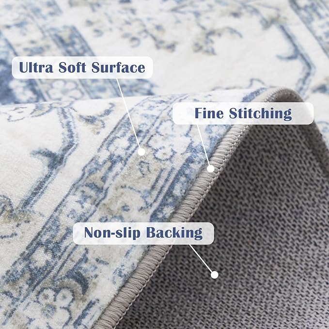 jinchan Round Rug 4ft Area Rug - Indoor Vintage Hallway Circle 4' Washable - Ultra-Thin Low Pile Soft Small Non Slip Distressed Floral Print for Living Room Dining Room Bedroom Entryway Dark Blue-BubblyBeeBaby