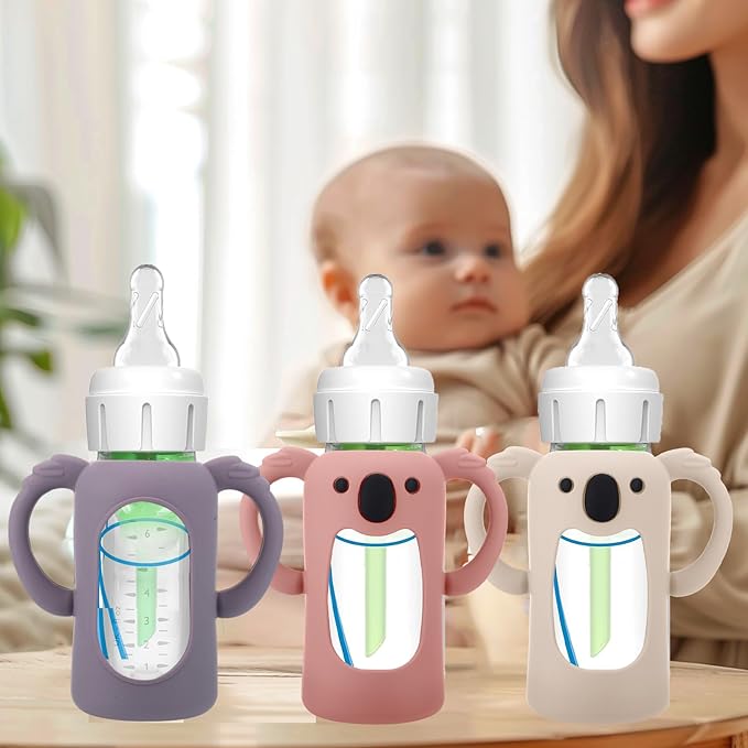 BUSOHA 3 Pack Koalas Silicone Sleeves for Dr. Brown's Glass Baby Bottles - Drop Protection Baby Bottle Sleeves Compatible with Dr Brown Newborn Glass Bottles with Silicone Handles,4 oz-BubblyBeeBaby