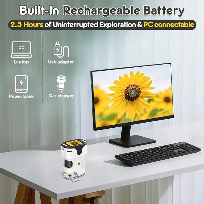 1000X Handheld Microscope for Kids 4K 2.0" Screen Rechargeable Mini Pocket Digital Microscopes w/Slides Kit Portable Edu Gift Age 4-6 8-12 Children Students (White)-BubblyBeeBaby