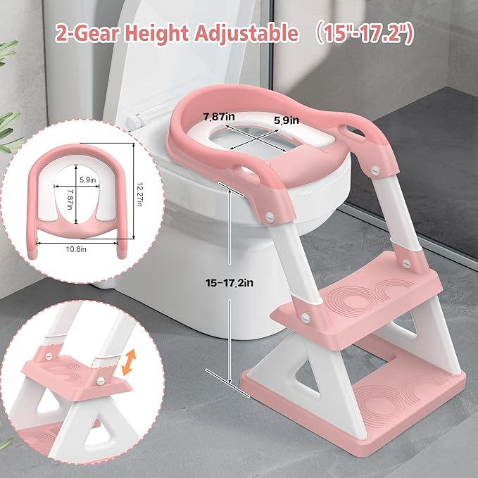 2 in 1 Potty Training Toilet Seat & Toddler Step Stool, Bottom Triangle Stability Toddler Toilet Seat, Adjustable Step & Seat Height Potty Seats for Toddlers Boys Girls (Pink)-BubblyBeeBaby