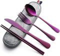 DEVICO Camping Utensils, Portable Travel Utensils with Case, Stainless Steel Reusable Silverware for Lunch Adult, 5Pcs Cutlery Set Includes Knife Spoon Fork Chopsticks and Case (Purple)