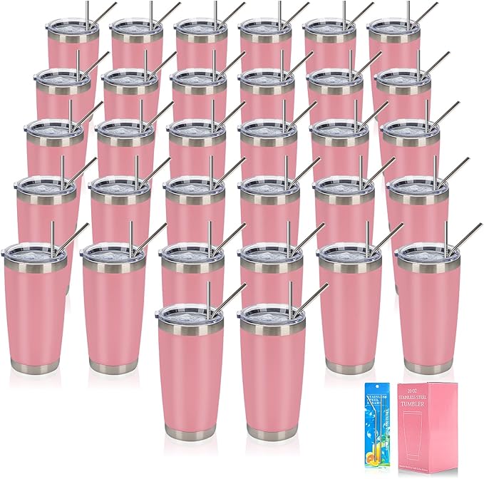 IEOVIEE 32 Pack 20oz Stainless Steel Bulk Tumblers with Lids and Straws Double Wall Insulated Travel Mug Durable Powder Coated Tumbler Bulk Cup for Cold and Hot Drinks(Pink)-BubblyBeeBaby