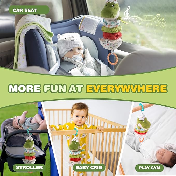 Jollybaby Baby Musical Pull String Hanging Toy for Stroller Car Seat Crib Play Gym, Plush Stuffed Dinasour Toy for Carseat with Music Teether Crinkle Paper, Sensory Toy for 0-6-12-18 Months Baby Gift-BubblyBeeBaby