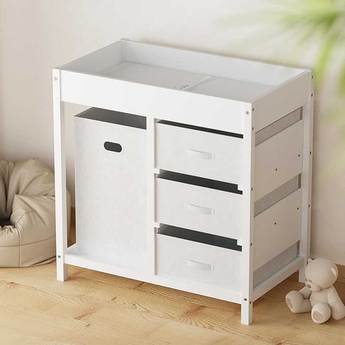 YUFU Baby Changing Table, Diaper Changing Table with Laundry Hamper, 3 Storage Drawers and Pad, Wooden Infant Diaper Changing Station, White-BubblyBeeBaby