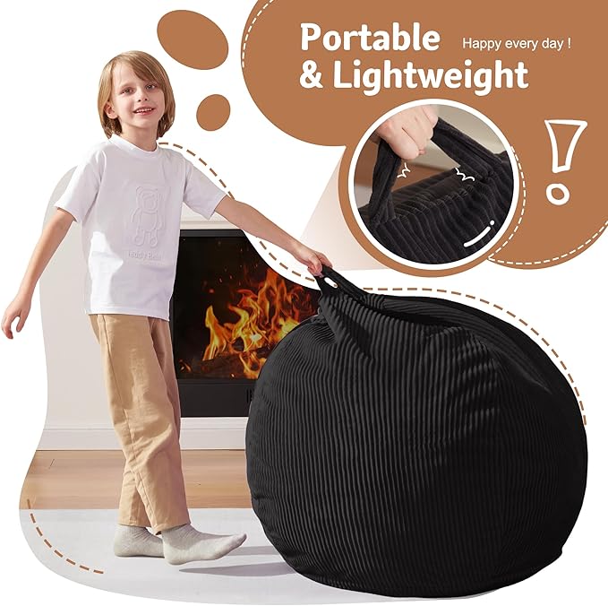 Homguava 2FT Bean Bag Chair,Teardrop Bean Bags Small Beanbag Chair with Memory Foam Filled and Ultra Soft Corduroy Cover for Living Room, Bedroom (Small,Black)-BubblyBeeBaby