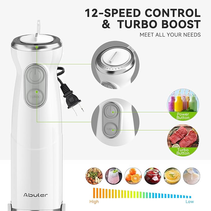 Immersion Blender Handheld 5 in 1 Hand Blender, 1000W Hand Mixer Stick, BPA-Free 12 Speed Handheld Blender with Mixing Beaker, Chopper, Whisk and Milk Frother for Soup, Sauce, Baby Food (White)-BubblyBeeBaby