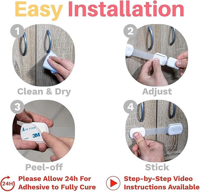 Inaya 12-Pack Child Proof Locks for Cabinet Doors, Drawers, Fridge, Toilet Seat, Dishwasher, Trash Can, Cupboard - 3M Adhesive - No Drilling - Baby Proofing Cabinet Locks-BubblyBeeBaby