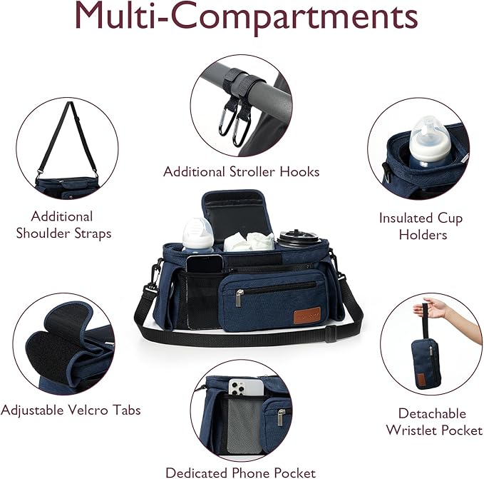Momcozy Universal Stroller Organizer with Insulated Cup Holder Detachable Phone Bag & Shoulder Strap, Fits for Stroller like Uppababy, Baby Jogger, Britax, BOB, Umbrella and Pet Stroller-BubblyBeeBaby