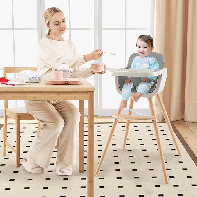 HONEY JOY High Chair, 3-in-1 Eat & Grow Wooden Highchair/Toddler Chair with Removable Tray, 5-Point Harness, PU Cushion and Footrest for Baby, High Chair for Babies and Toddlers(Gray)-BubblyBeeBaby