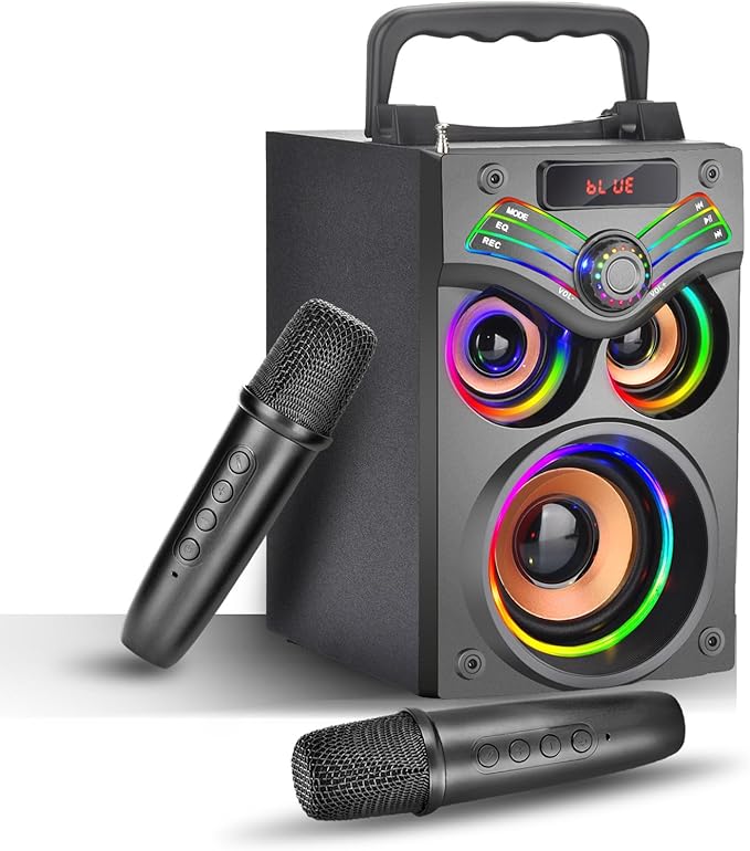Karaoke Machine,Portable Bluetooth Karaoke Speaker with 2 Wireless Microphone for Adults Kids,with 20W(Peak) Speaker,Handle &RGB Lights,Supports TF Card/USB/Aux in/TWS,for Home,Party-BubblyBeeBaby