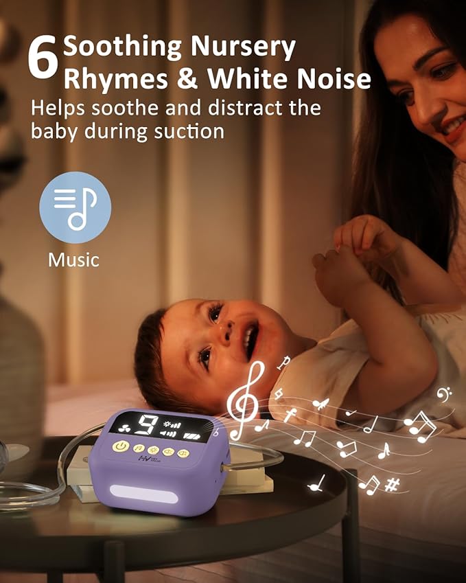 HEYVALUE Nasal Aspirator for Baby, Hospital Grade Nose Sucker with 9 Levels Suction, Night Light and Nursery Rhyme Soothing, Electric Nose Suction for Baby with Food-Grade Silicone Tips Purple-BubblyBeeBaby