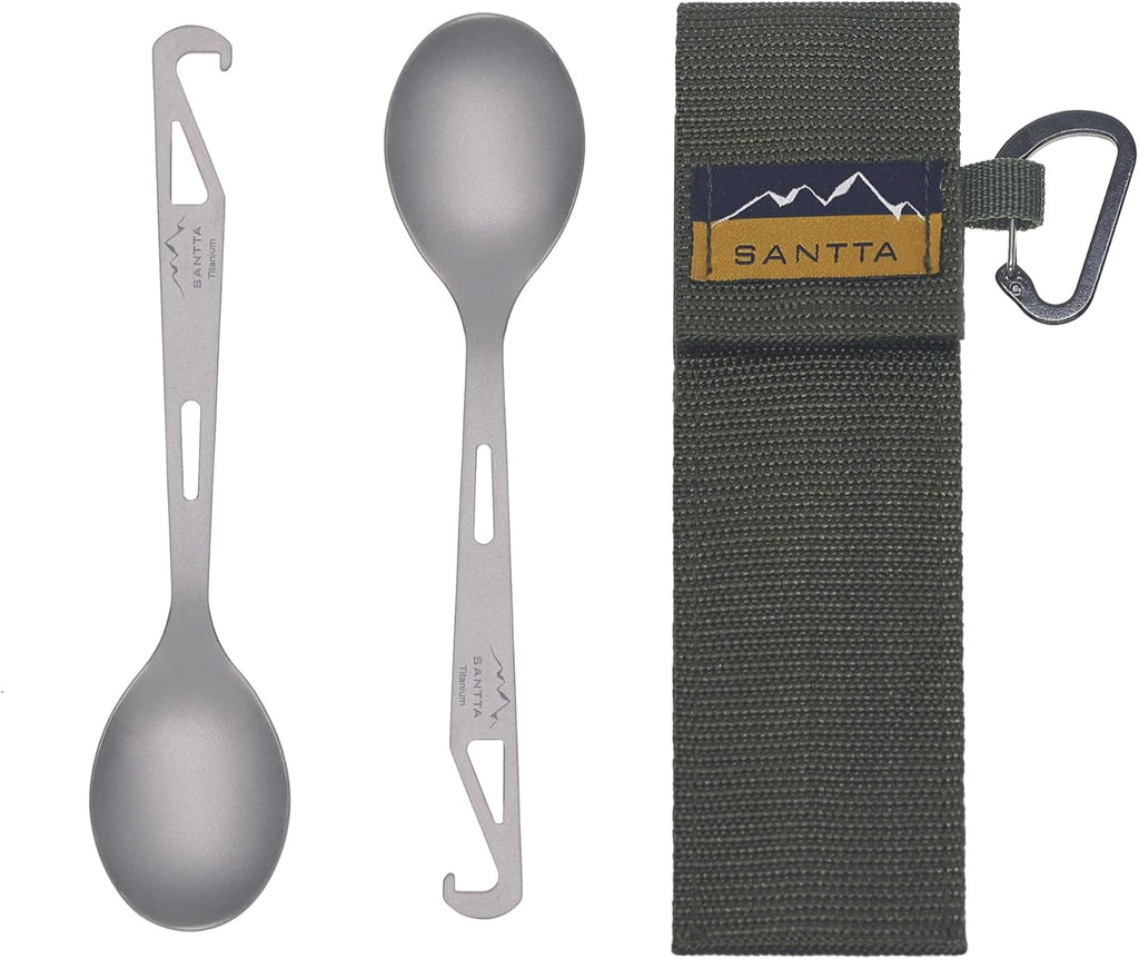 SANTTA Titanium Camping Spoon Set of 2 Piece, Spoon and Bottle Opener 2-in-1 Design, Lightweight Ti Utensils with a Pouch and Carabiner for Outdoor Camping Backpacking Hiking and Travel