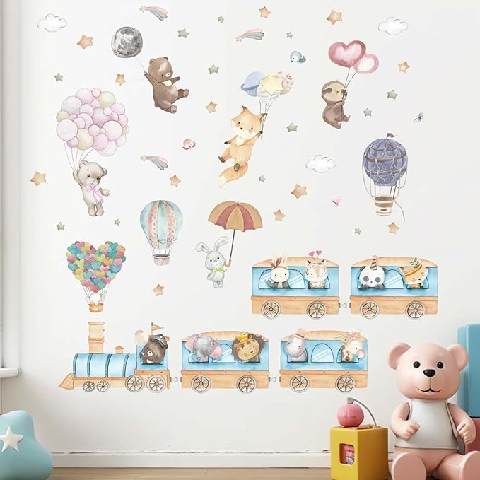 Hot Air Balloon Animal Wall Decals - Elephant Lion Giraffe Train Animal Wall Stickers - Baby Nursery Kids Girls Bedroom Daycare Wall Decor-BubblyBeeBaby