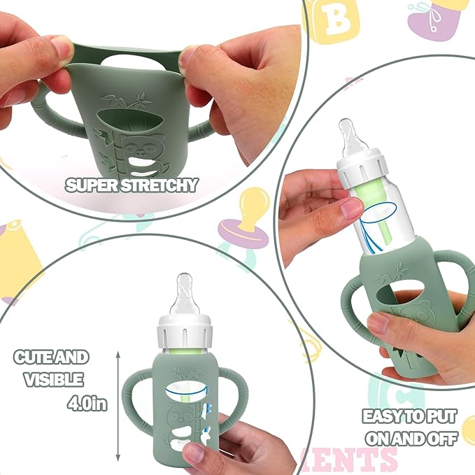 3 Pack Silicone Sleeves for Dr. Brown's Glass Baby Bottles - Drop Protection Baby Bottle Sleeves,Compatible with Dr. Brown's Newborn Glass Bottles,with Silicone Handles,4 oz-BubblyBeeBaby