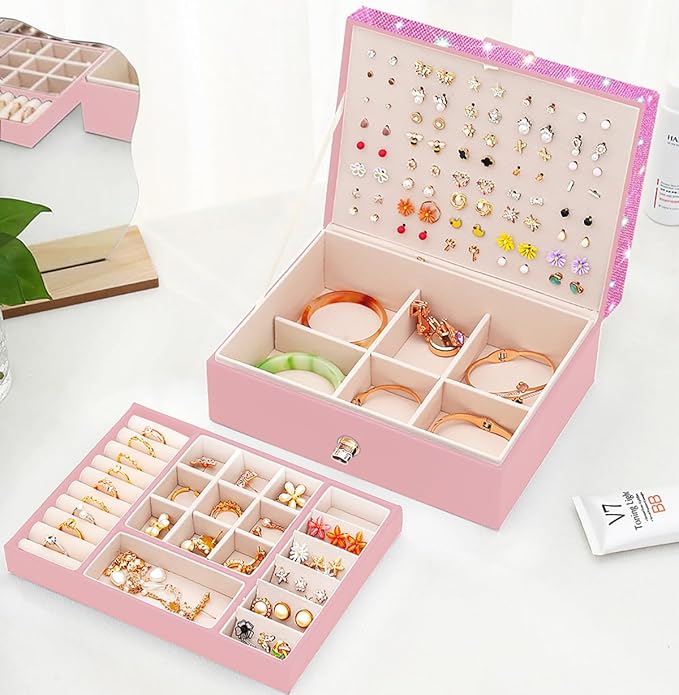 Jewelry Box for Earrings for Girls Jewelry Organizer Box Earring Holder Organizer for Girls Earring Box Jewelry Box Stud Earring Organizer for Girls Earring Jewelry Boxes for Women Pink Bling-BubblyBeeBaby
